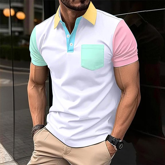 Yanghang Shirts For Men Mens T-Shirts Men Casual Patchwork Short Sleeve Turn Down Collar Buttons T-Shirt Blouse Tops Tops For Men 2024