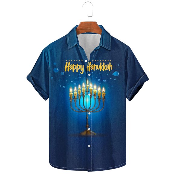 Yanghang Tops Men Men's T-Shirts Men's Fashion Casual Hanukkah Printed Shirt Short Sleeve Button Up Short Sleeve Lapel Shirt Top Summer Tops For Men
