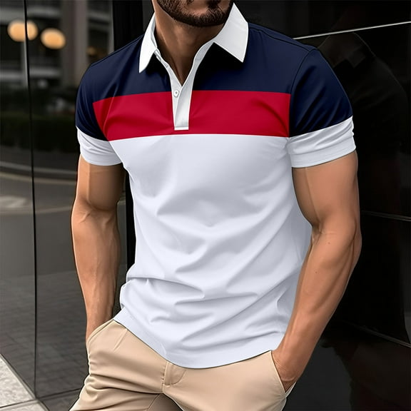 Yanghang Tops Men Mens T-Shirts Men Casual Button Short Sleeve Patchwork Turndown Pullover T-Shirt Tops Mens Shirts