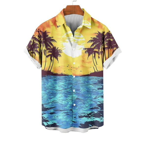 Yanghang Tops Men T Shirts For Man Men's Casual Collar Printed Short Sleeved Button Fashion Cardigan Pocket Top Summer Clothes