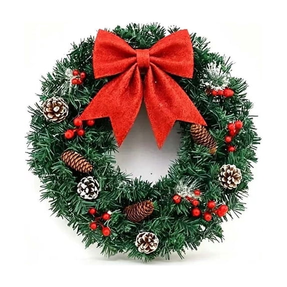 Yangka Artificial Christmas Wreath With Red Bow Pinecones And Red Berries, Green Pine Front Door Holiday Wreath For Indoor Outdoor Wall Home Decor