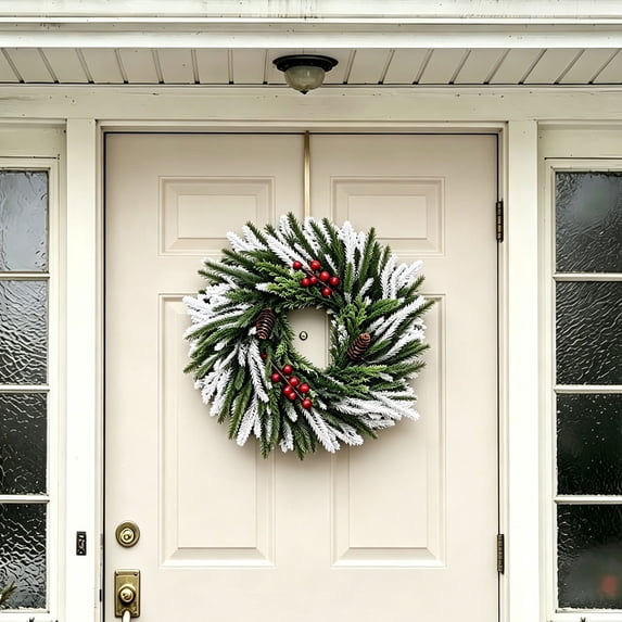 Yangka Artificial Frosted Pine Christmas Wreath With Red Berries And Pinecones, Flocked Green Front Door Holiday Wreath For Fireplace Window Porch Indoor Outdoor Decor