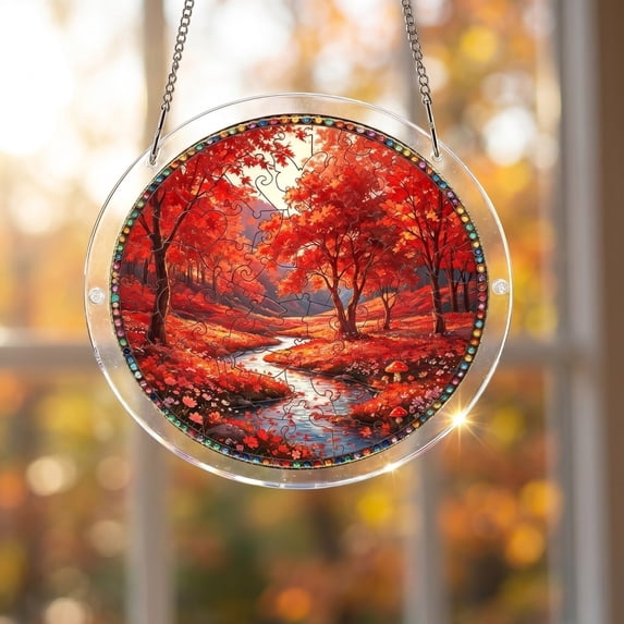 Yangka Autumn Maple Forest Acrylic Puzzle Suncatcher, Fall Nature Scenery Stained Glass Style Window Hanging, Garden Ornament