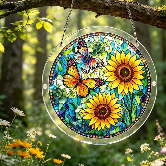 Yangka Butterfly And Sunflower Acrylic Puzzle Suncatcher, Floral Stained Glass Effect Window Hanging, Bright Home And Garden Decor