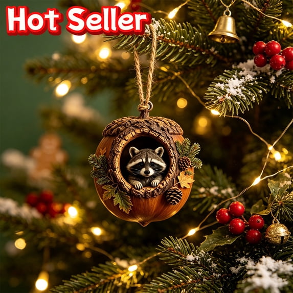 Yangka Christmas 2D Acrylic Woodland Raccoon Acorn Ornament Hanging Pendant for Xmas Tree Holiday Decor