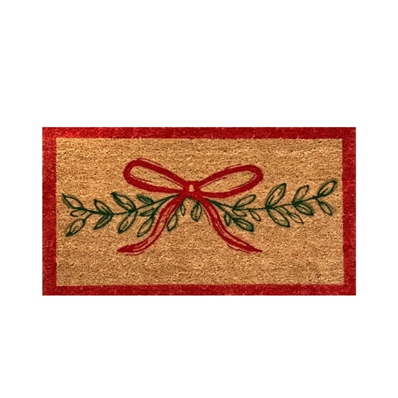 Yangka Christmas Doormat Red Bow Olive Branch Pattern Thick Faux-Coir Non Slip Winter Home Decor For Entrance Front Door