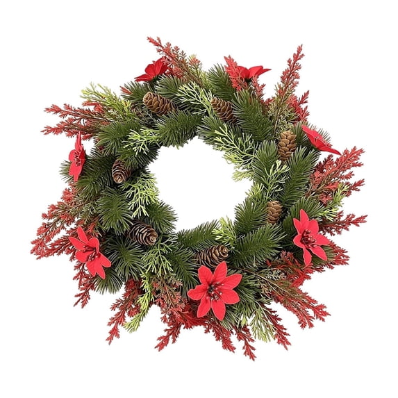 Yangka Christmas Poinsettia Wreath With Mixed Pine Branches Red Flowers And Pinecones, Artificial Front Door Holiday Wreath For Window Wall Staircase Indoor Outdoor Decor
