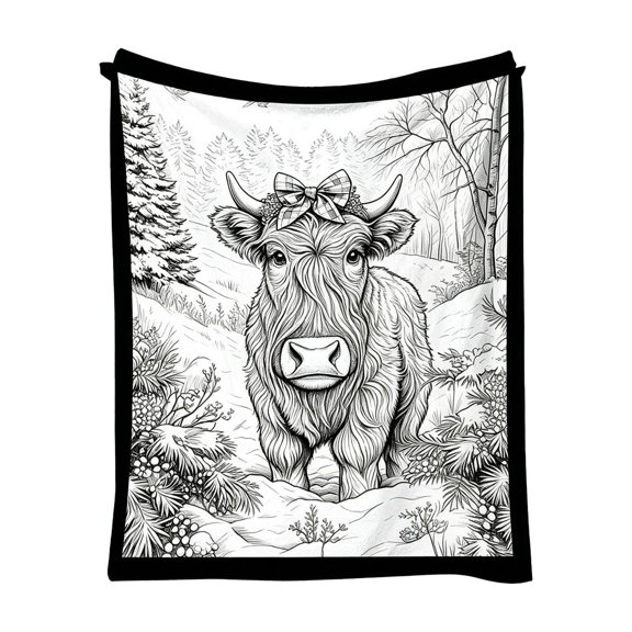 Yangka Coloring Blanket Doodle Line Art Highland Cow Pattern, Washable DIY Graffiti Mat For Activity Play, Cozy Plush Educational Home Decor 70x100cm