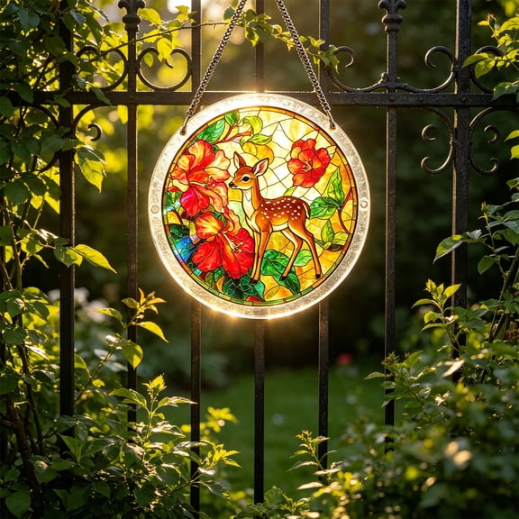 Yangka Deer And Flowers Acrylic Puzzle Suncatcher, Floral Stained Glass Style Window Hanging, Cute Forest Animal Home Decor, Nature Lover Gift