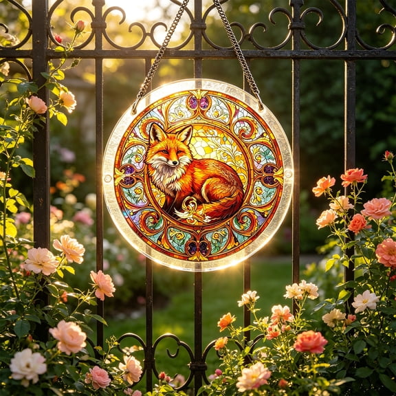 Yangka Fall Style Fox Acrylic Puzzle Suncatcher, Stained Glass Window Hanging, Whimsical Forest Animal Home Decor, Nature Lover Gift