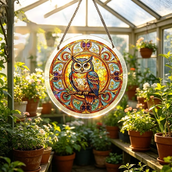 Yangka Fall Style Owl Acrylic Puzzle Suncatcher, Stained Glass Window Hanging, Mystical Forest Animal Home Decor, Nature Inspired Gift