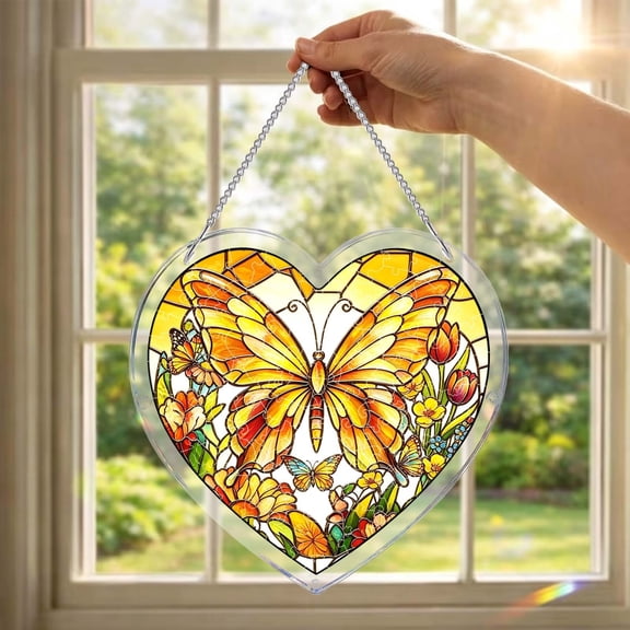 Yangka Heart Shaped Yellow Orange Butterfly Acrylic Puzzle Suncatcher, Floral Stained Glass Effect Window Hanging, Cheerful Home Decor