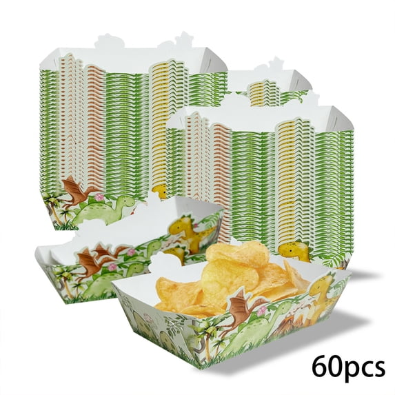 Yangka Kitchen 60pcs Dinosaur Theme Paper Food Trays, Disposable Fry Boxes Snack Containers for Party Serving, Sturdy Food Grade Holiday Gathering Supplies