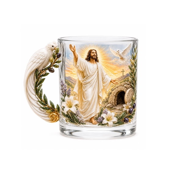 Yangka Kitchen Themed Glass Mug, Religious Jesus Print Coffee Cup with Sculpted Dove Handle, Elegant Holiday Drinkware for Easter and Christmas Table Decor