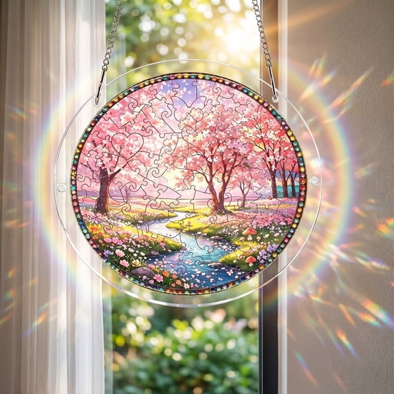 Yangka Spring Cherry Blossom Acrylic Puzzle Suncatcher, Nature Scenery Stained Glass Style Window Hanging, Home And Garden Decor