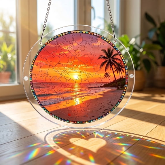 Yangka Summer Beach Sunset Acrylic Puzzle Suncatcher, Tropical Nature Scenery Stained Glass Effect Window Hanging, Patio Decor