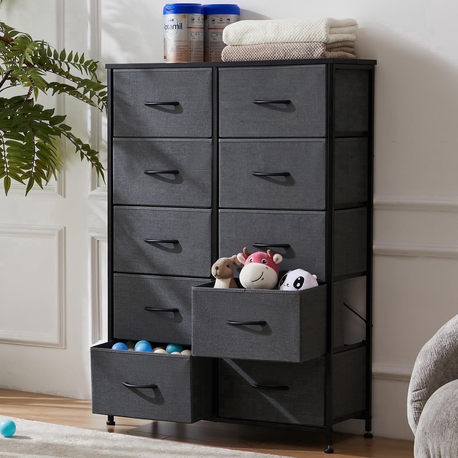 DRAWER✕T-matブラウス ZUNMOS 10-Drawer Fabric Dresser, Grey Organizer Cabinet for