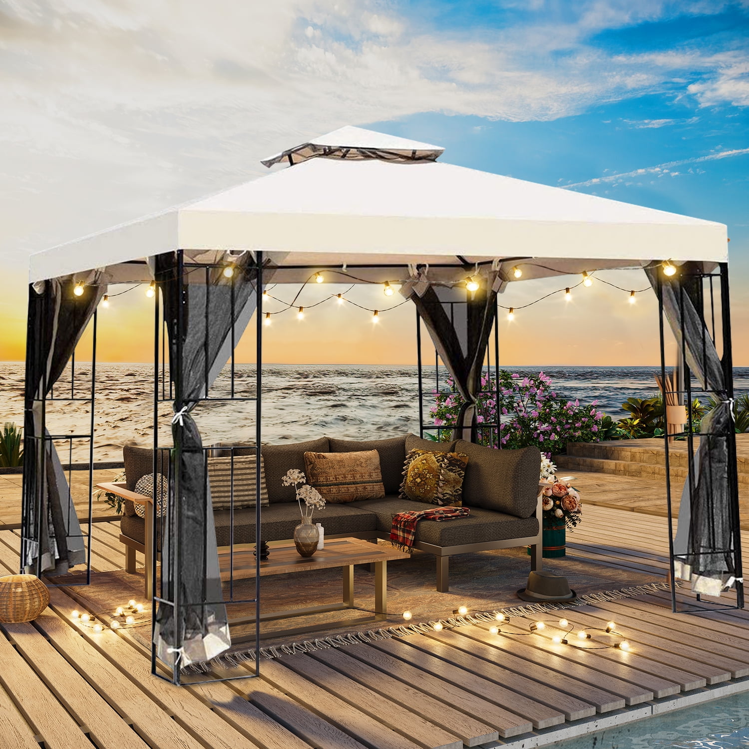 Simenmax 10’ x 10’ Steel Patio Gazebo, with Mesh Netting and Double Vented Roof