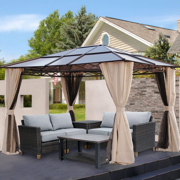 Yangming 10x12 FT Gazebo,Hardtop Gazebo Outdoor Canopy with Mosquito Netting and Curtains