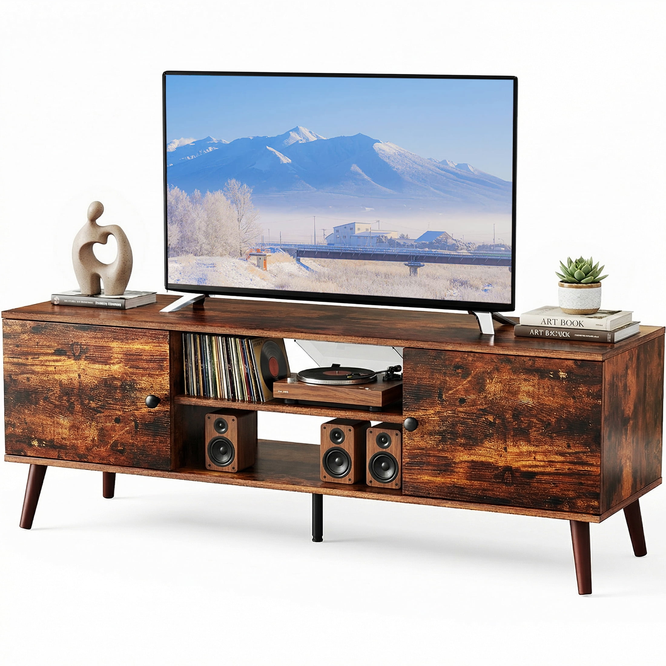 edx, Wooden TV Stand, 55-60 inch, Mid-Century Modern, Rust Brown