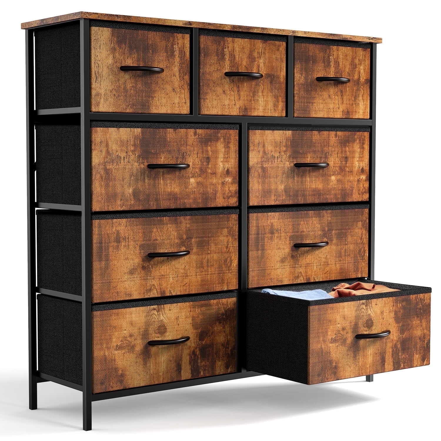 Yangming 9 Drawer Fabric Dresser for Bedroom, Chest of Drawer Organizer Storage Cabinet for Closet, Entryway, Rust Brown