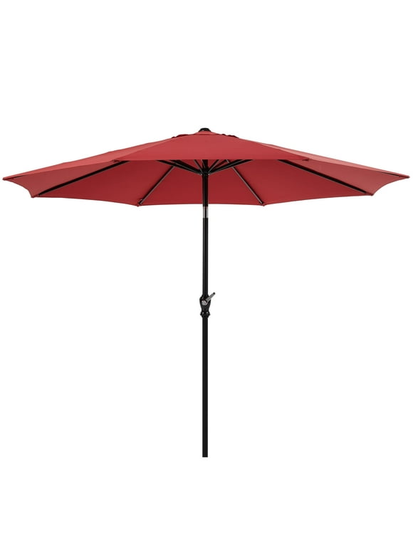Yangming 9FT Outdoor Patio Umbrella with Push Button Tilt and Crank Handle, Market Umbrella with 8 Sturdy Umbrella Ribs, UV Protection, Waterproof, Red
