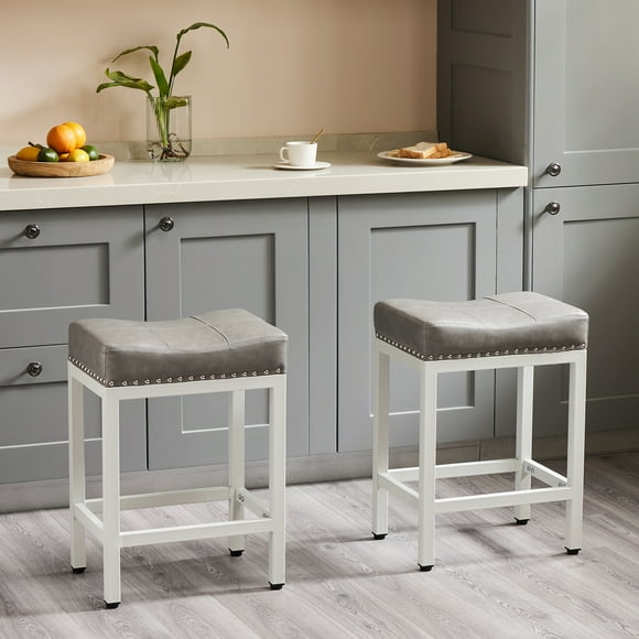 Yangming Bar Stools Set of 2, Modern Counter Height, 24 Inch Kitchen Barstools with Metal Base, PU Leather Saddle Seats for Kitchen Island, Gray