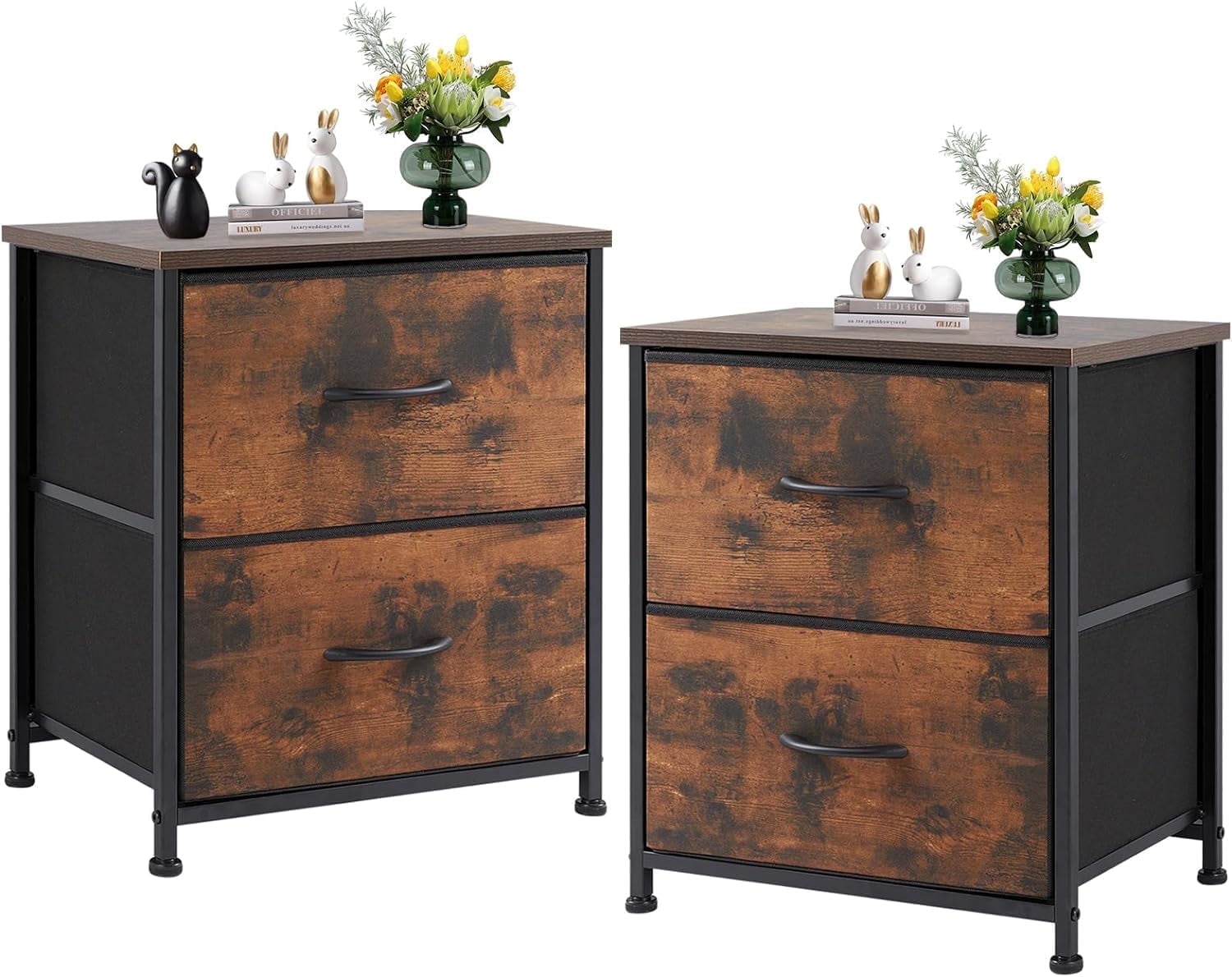 Rust Brown Steel Frame Nightstands with Fabric Drawers, Set of 2