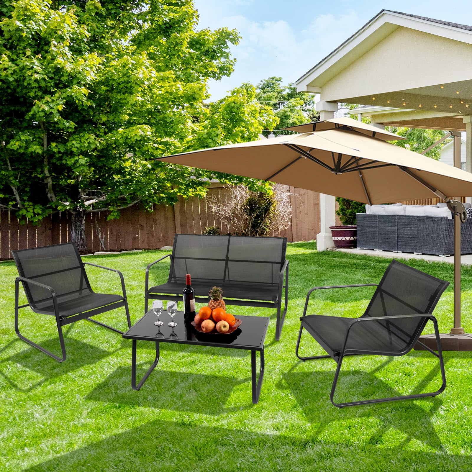 Free Shipping LACOO 4 Pieces Outdoor Furniture Set Patio Textilene Steel Conversation Set with Loveseat Tea Table for Lawn and Balcony Black Walmart