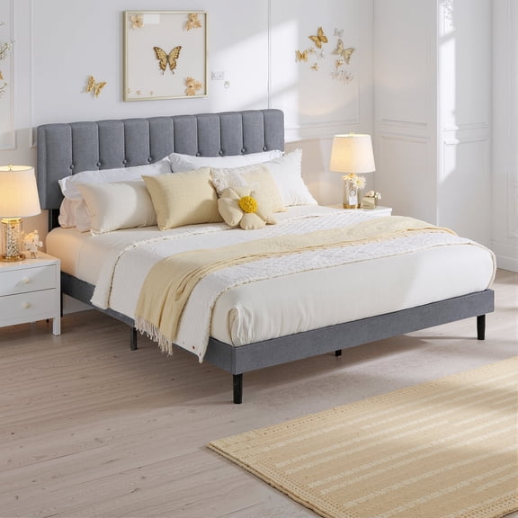 Simenmax Queen Upholstered Platform Bed Frame with Linen Headboard Wood Slat, Dark Gray