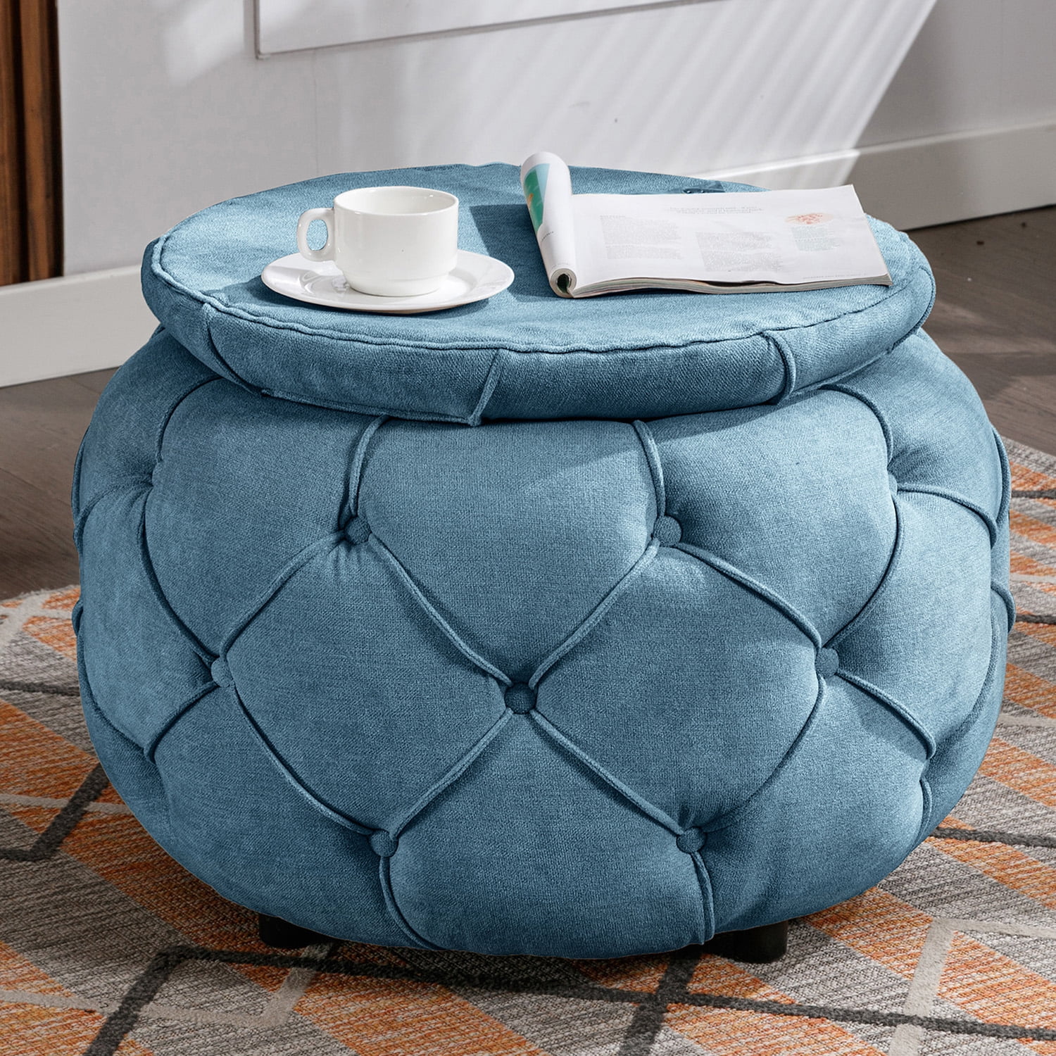 Yangming Round Ottoman with Storage, Tufted Velvet Coffee Table Footrest with Storage, End Table ...