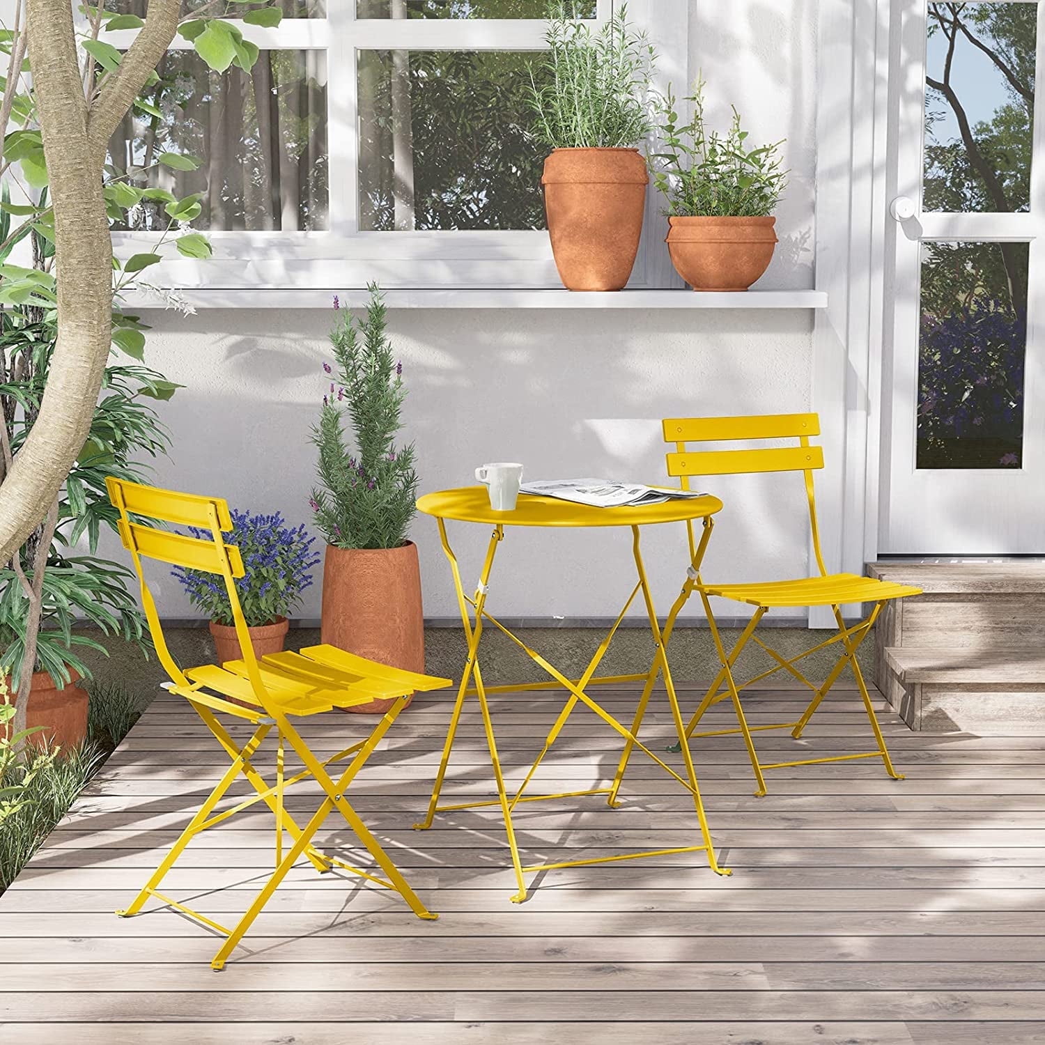 Simenmax Steel Patio Bistro Set, Folding Outdoor Patio Furniture Sets, 3 Piece Patio Set of Foldable Patio Table and Chairs