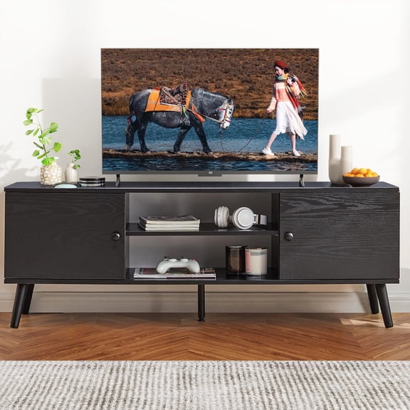 Simenmax TV Stand for 55 60 inch TV, Modern Mid Century Entertainment Center with Storage, Black