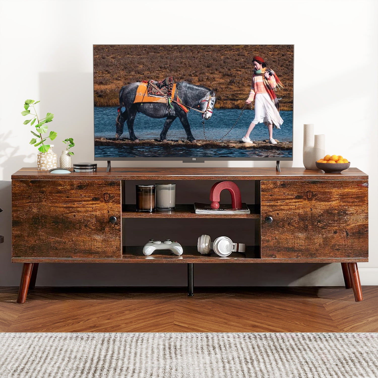 Brown Mid-Century Modern Wood TV Stand with Storage