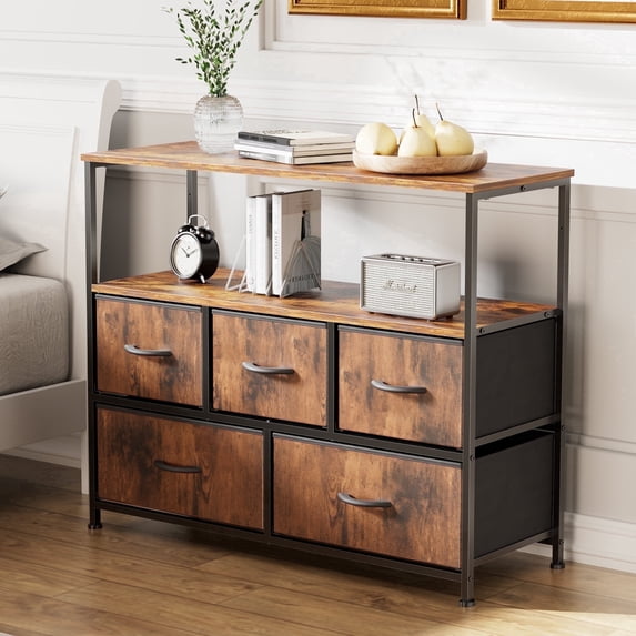 edx TV Stand with 5 Drawer Dresser Open Shelves, Fits TV up to 45 Inches, Rust Brown