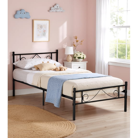 SimenmaxTwin Bed Frame - No Box Spring Needed Heavy Duty Metal Platform Bedroom Frames Twin Size with Storage Space, Black