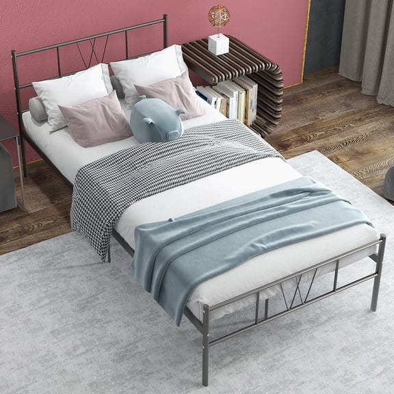 Yangming Twin Size Metal Platform Bed Frame with Headboard and Footboard, Heavy Duty Mattress Foundation with Steel Slats Support, No Box Spring Needed, Black