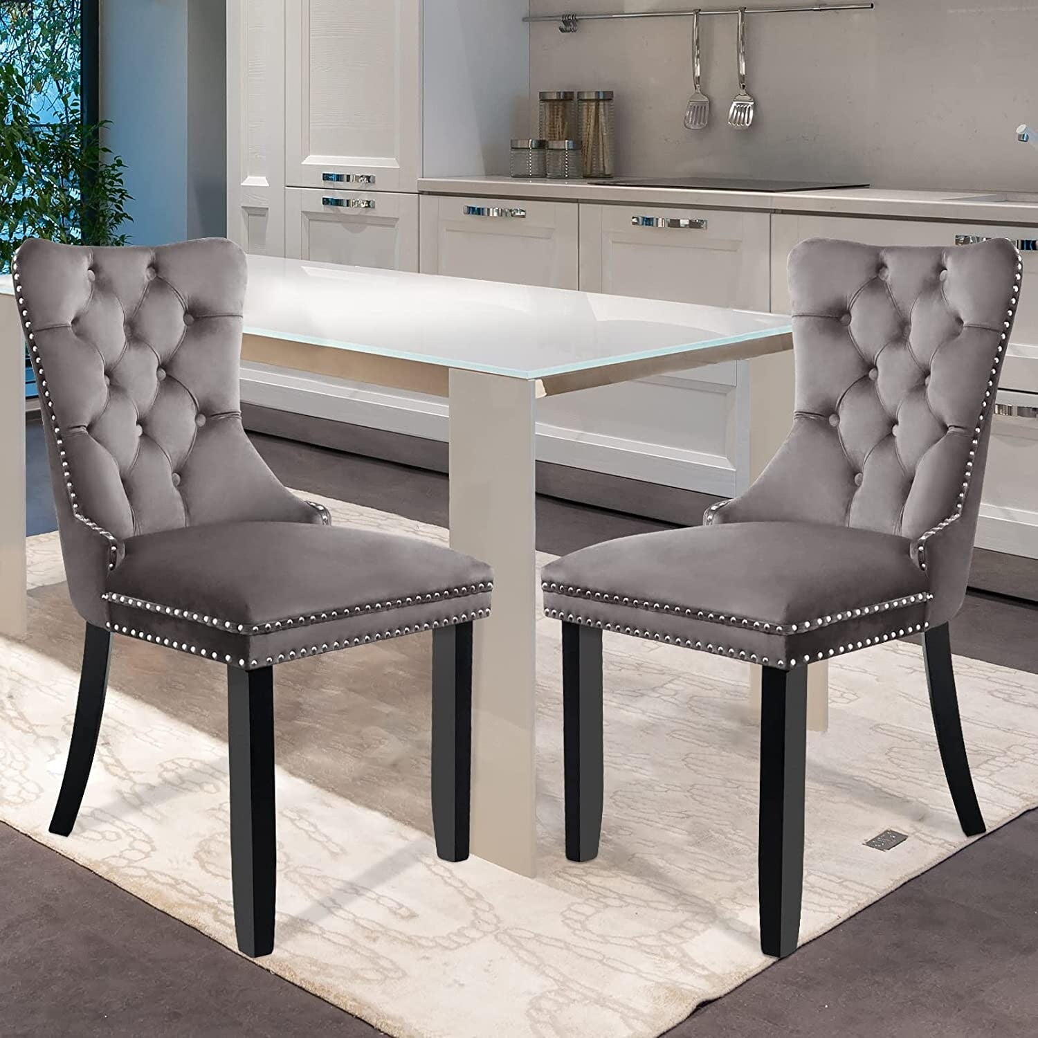 Grey tufted dining sale chairs with nailheads