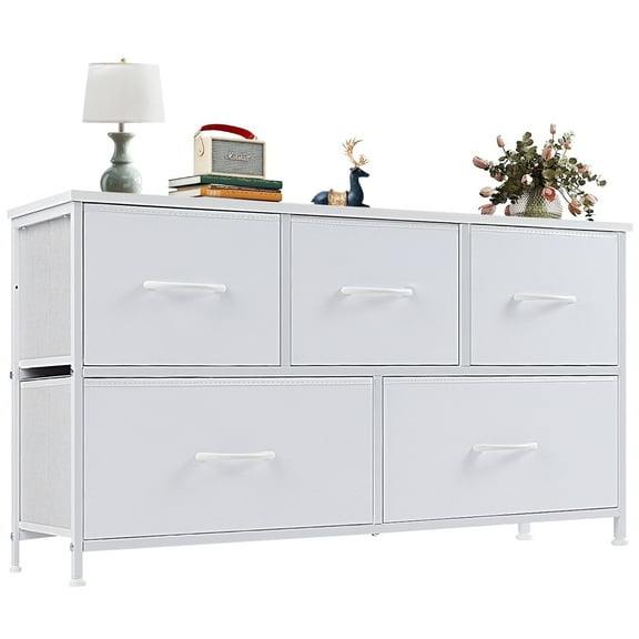 ZUNMOS 5 Drawer Fabric Dresser for Bedroom, Chest of Drawer Organizer Storage Cabinet for Closet, Entryway, White