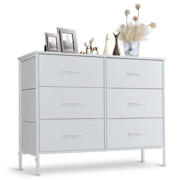 Yangming 6 Drawer Fabric Dresser for Bedroom, Chest of Drawer Organizer Storage Cabinet for Closet, Entryway, White