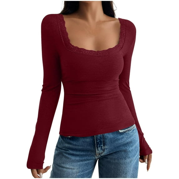Yangnuo Blouses for Women Comfy Casual Women's Fashion Solid Color Long Sleeve Round-Neck Blouses Lace Leisure