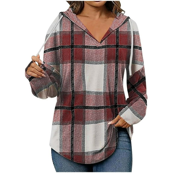 Yangnuo Fall Plaid Trendy V-Neck Sweatshirts for Women Women's Printed Long Sleeve Sweatshirts Fashion And Leisure V-Neck Hooded Top