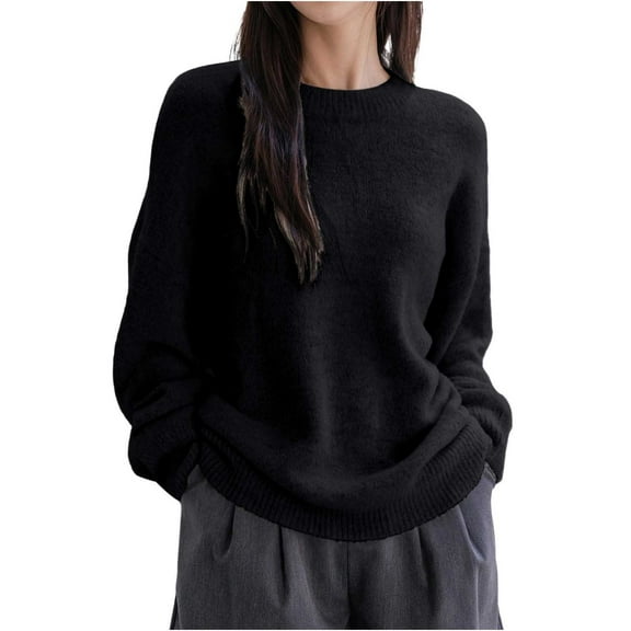 Yangnuo Fall Sweaters for Womens Ladies' Casual Solid Color Round Neck Long Sleeved Knitted Sweater Top