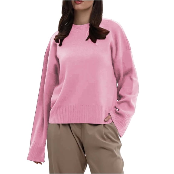 Yangnuo Fall Sweaters for Womens Ladies' Loose Casual Solid Color Round Neck Long Sleeved Sweater Knitted Top