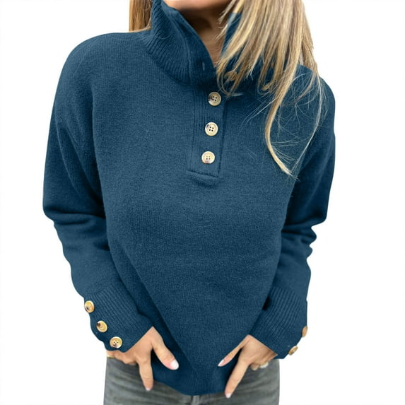 Yangnuo Fall Sweaters for Womens Trendy Sweaters 2025 Women's Solid Color Blouses Button Turtleneck Pullover Fashionable Sweater