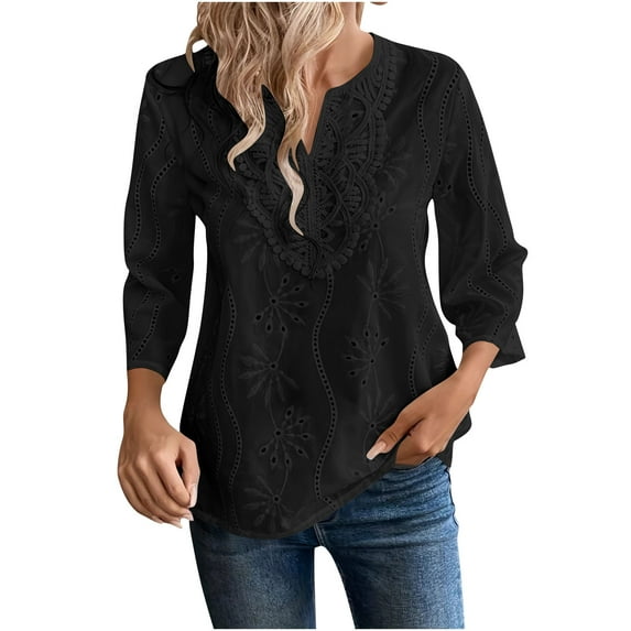 Yangnuo Fall Trendy Comfy Blouses for Women Ladies' Casual 3/4 Sleeve V-neck Top Embroidered Chiffon Shirt