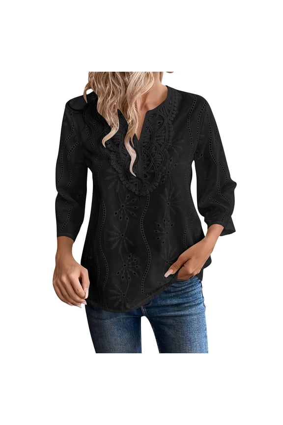 Fall Trendy Comfy Blouses for Women Ladies' Casual 3/4 Sleeve V-neck Top Embroidered Chiffon Shirt