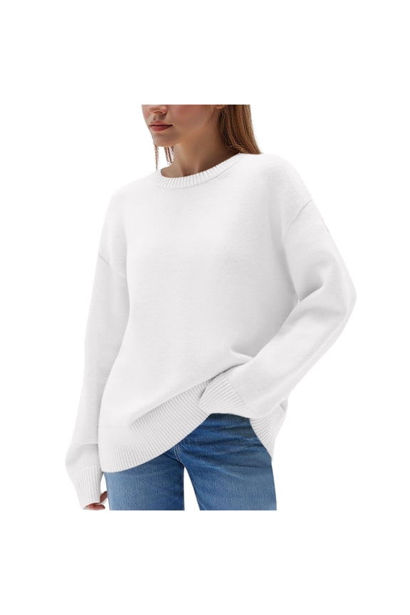Fall Winter Casual Solid Color Loose Comfy Sweaters for Women 2025 Fashion Women's Casual Solid Color Long Sleeve Round-Neck Blouses Shirts Tops Sweater