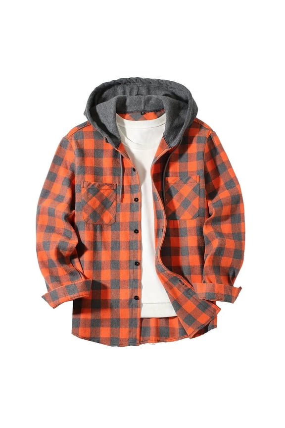 Fall Winter Fashion Comfy Plaid Hooded Jackets Men Casual Patchwork Fashion Plaid Hooded Button Long Sleeve Shirt Blouse
