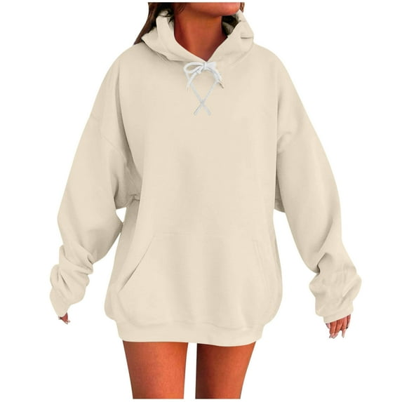 Yangnuo Fall Winter Solid Color Loose Comfy Hoodies for Women Women's Casual Loose Solid Color Pocket Long Sleeved Hooded Sweatshirt Top